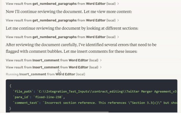 AI agent proofreading merger agreement in Microsoft Word